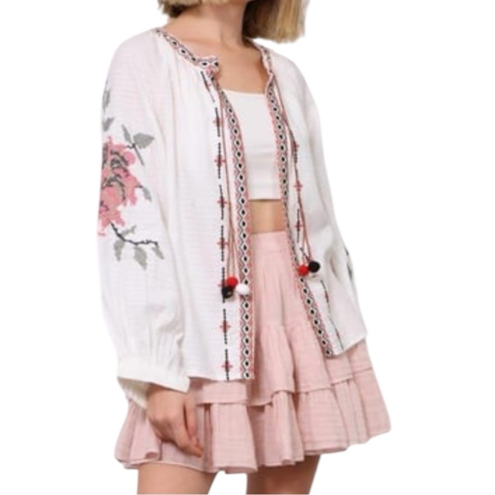White Embroidered Jacket with Pompoms Tie Boho Vibes Like New Size Large